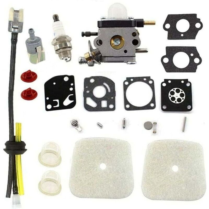 foto del prodotto carburatore con filtro aria, candela, tubo carburante per mantis a 2 tempi 7222, 7222e, 7222m, 7225, 7230, 7234, 7240, 7920, 7924. sostituisce