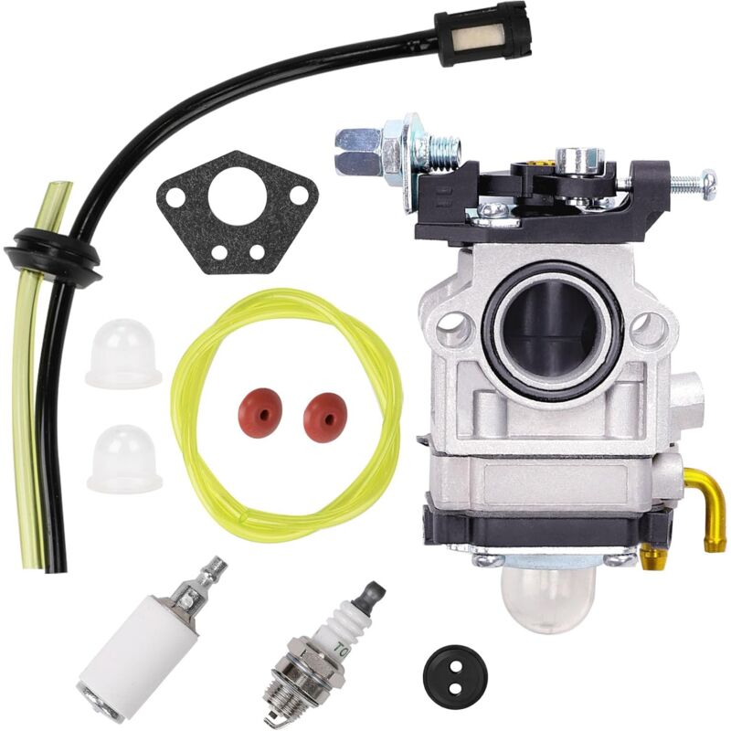 foto del prodotto carburatore per decespugliatore da 52 cc, 49 cc e 43 cc, kit con guarnizione, tubo flessibile, candela e filtro carburante. carburatore per