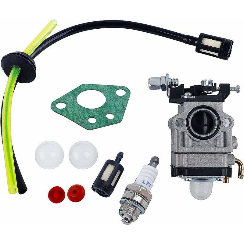 foto del prodotto carburatore per decespugliatori da 52 cc, 49 cc e 43 cc. kit carburatore con guarnizione, tubo flessibile, candela e filtro carburante. carburatore