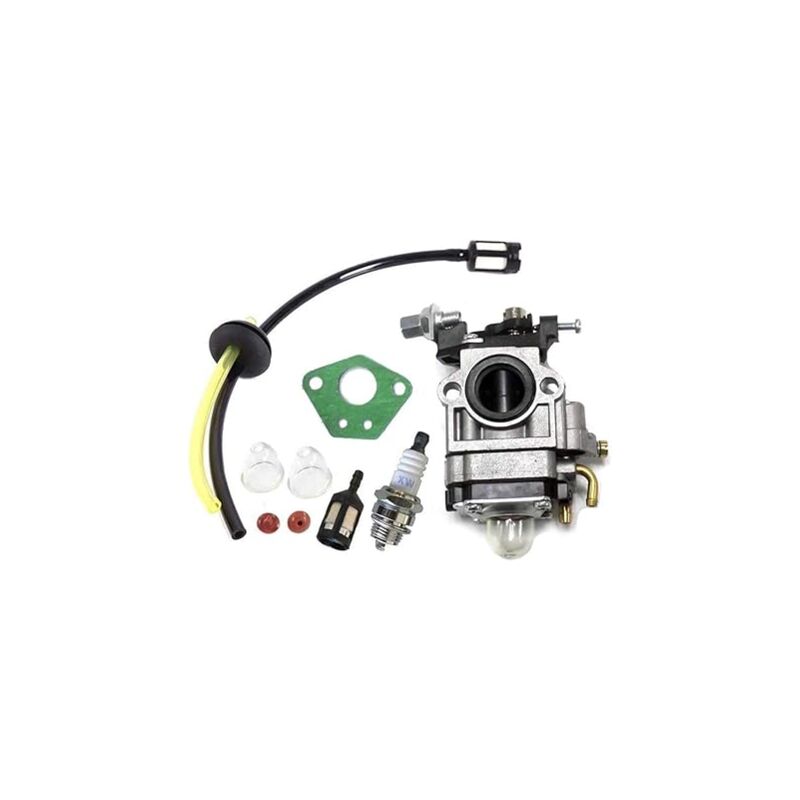 foto del prodotto carburatore per motore decespugliatore 52cc, 49cc e 43cc, kit carburatore con guarnizione, tubo flessibile, candela e filtro carburante.