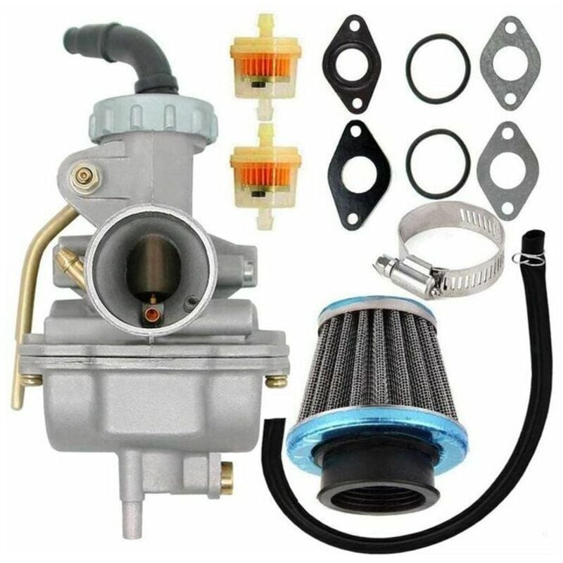 foto del prodotto carburatore pz20 per motori a 4 tempi da 50 cc, 70 cc, 90 cc, 110 cc e 125 cc, atv utv, honda crf50f, crf80f, xr50r con filtro aria e carburante.