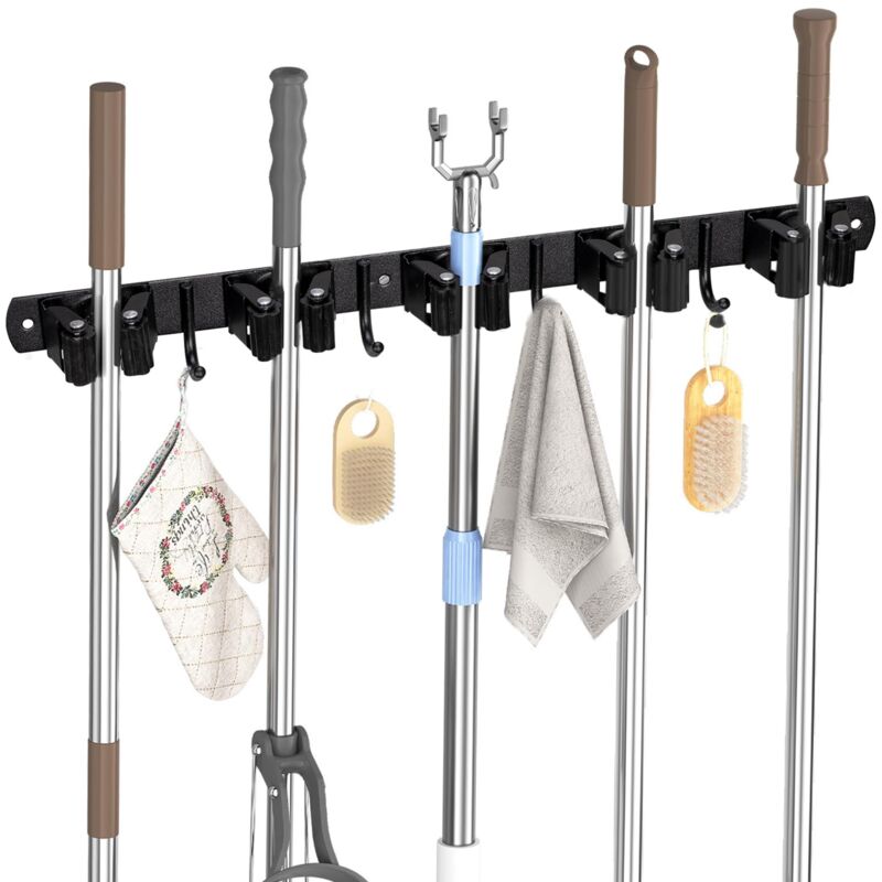 foto del prodotto carehabi 5 porta scopa parete con 4 ganci, portascopa da muro appendi scope mop senza forare o trapanare, organizzatore porta attrezzi autoadesivo