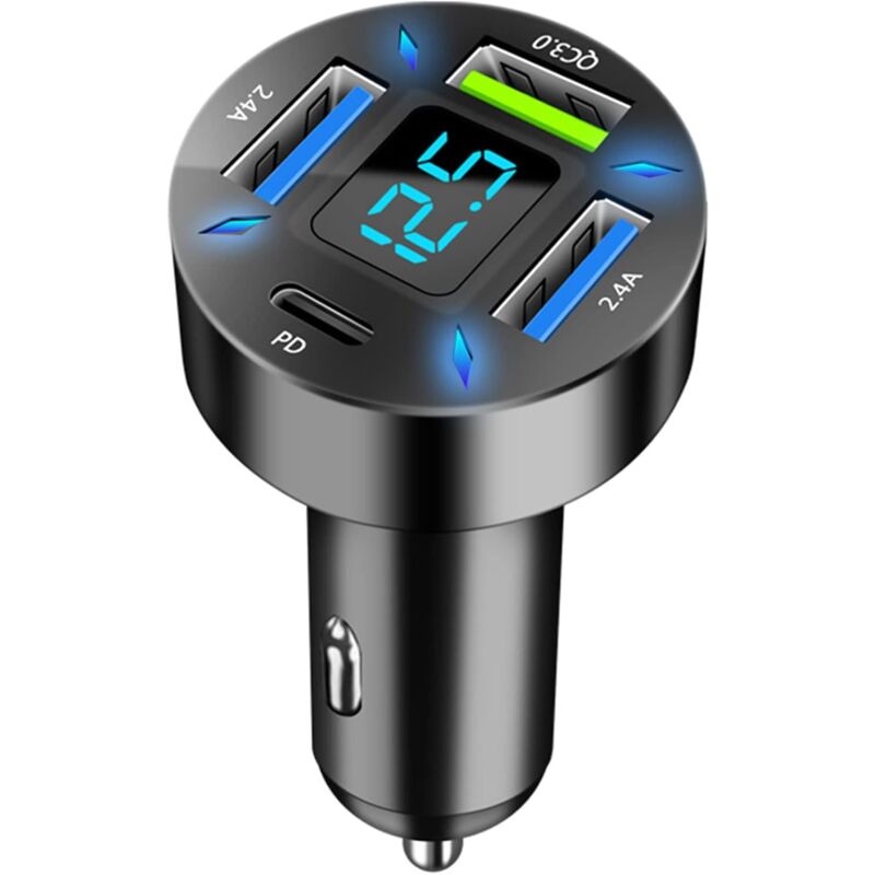 foto del prodotto caricabatteria da auto 4 porte usb caricatore accendisigari, presa usb veloce qc3.0 e pd da 50 w con voltmetro led, compatibile con iphone, android,