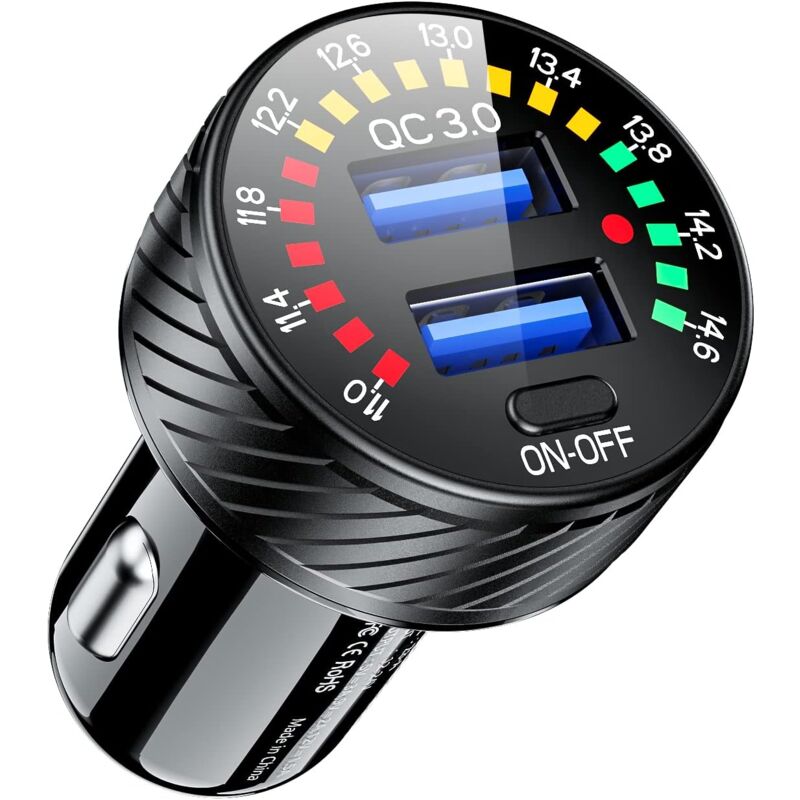 foto del prodotto caricabatteria da auto accendisigari doppia porta qc3.0 usb adattatore caricabatterie rapido 36 w 3 a con voltmetro e interruttore