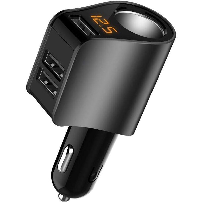 foto del prodotto caricabatteria da auto, adattatore accendisigari multi usb, splitter per presa con 3 porte usb e voltmetro, compatibile
