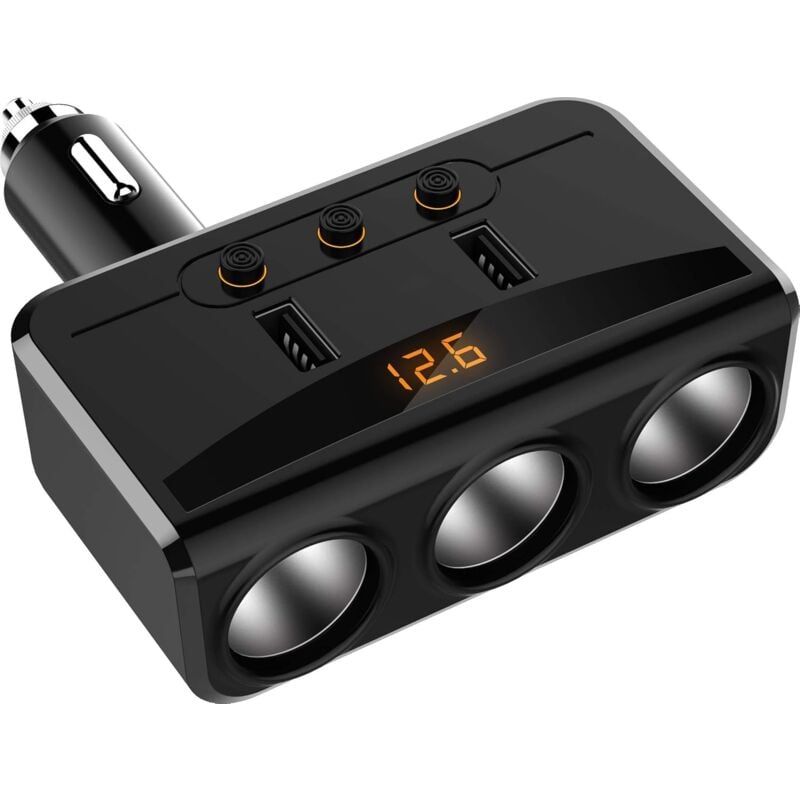 foto del prodotto caricabatteria da auto con doppia usb, 3 prese accendisigari, adattatore con voltmetro