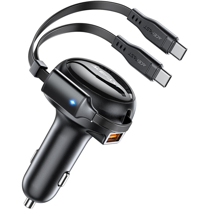 foto del prodotto caricabatteria da auto usb a b13 53w 2 cavi avvolgibili usb c nero
