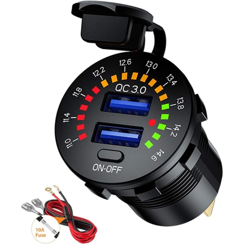 foto del prodotto caricabatteria da auto usb quick charge 3.0 12v 24v 36w con interruttore e voltmetro doppio qc3.0 usb fast ch