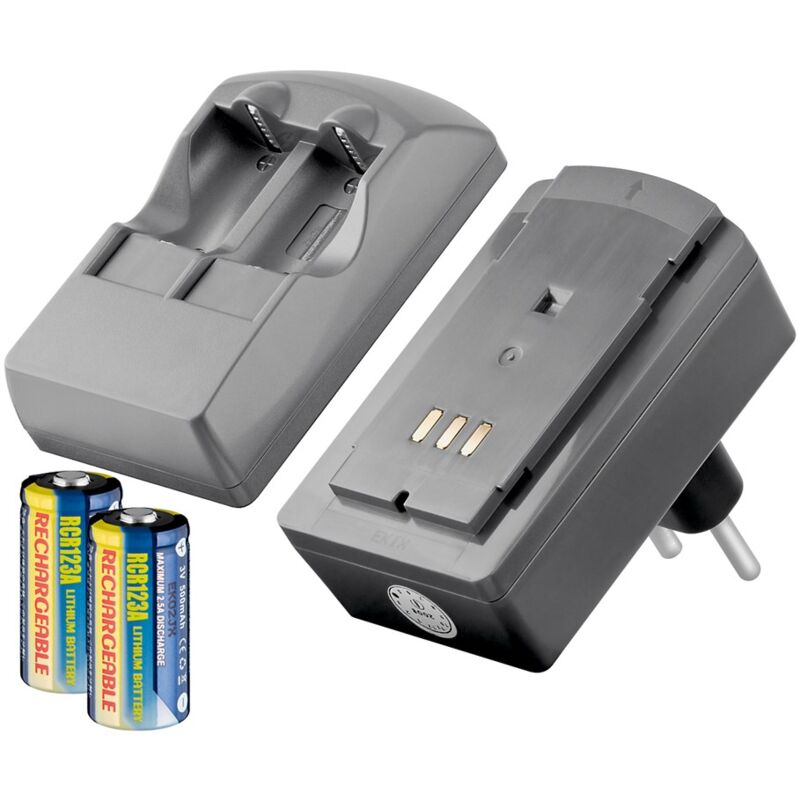 foto del prodotto caricabatteria fotografico con 2x batterie ricaricabili rcr123, per caricare fino a 2x batterie rcr123 contemporaneamente.