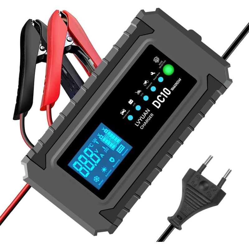 foto del prodotto caricabatteria intelligente mantenitore di carica 12v 24v 10a funzione di riparazione automatica portatile con display lcd per auto moto camion agm