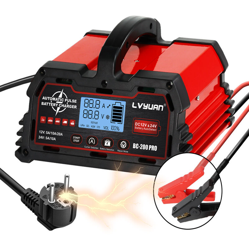 foto del prodotto caricabatteria intelligente per auto 20a 12v 24v 10a, caricabatteria per auto lcd, mantenitore di batteria per agm, moto, tosaerba