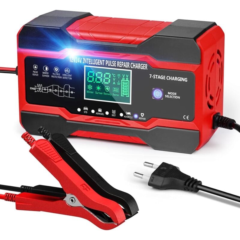 foto del prodotto caricabatteria per auto 10a, caricabatteria intelligente per auto e moto 12v 24v con schermo lcd touch e 5 modalit di riparazione automatica, rosso