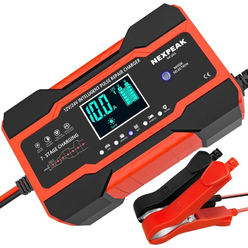 foto del prodotto caricabatteria per auto 10a, caricabatteria per auto intelligente completamente automatico 12v 24v con compensazione della temperatura per batterie