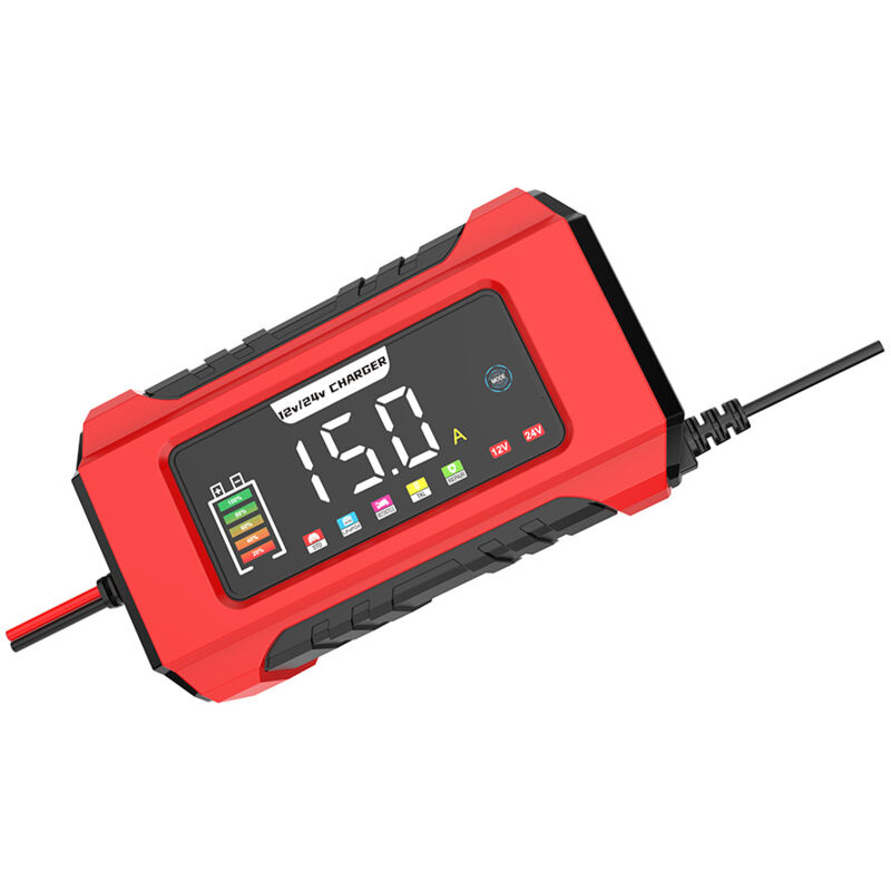 foto del prodotto caricabatteria per auto 15a, caricabatteria intelligente completamente automatico 12v 15a 24v 8a con compensazione della temperatura per batterie al