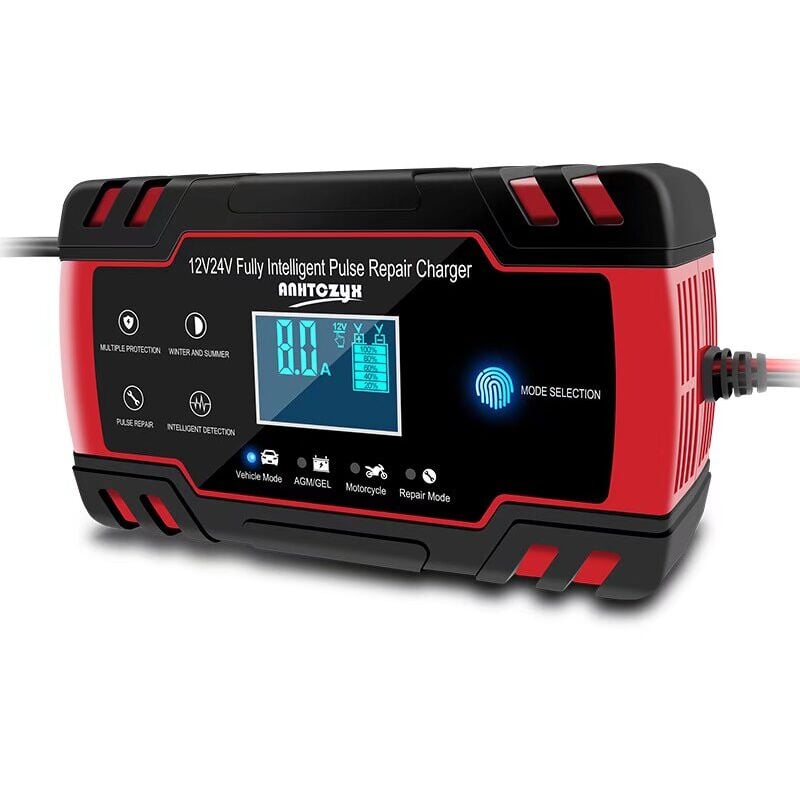 foto del prodotto caricabatteria per auto, caricabatteria per auto 8a 12v 24v, caricabatteria per auto completamente automatico con display lcd caricabatteria con