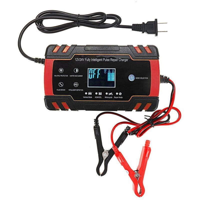 foto del prodotto caricabatteria per riparazione a impulsi con touch screen lcd da 12 v 24 v, rosso, per auto e moto, per batterie al piombo agm, gel umido spina ue
