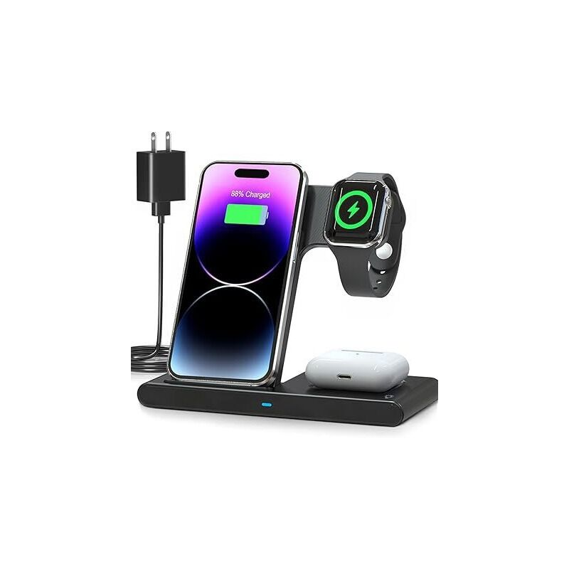 foto del prodotto caricabatterie a induzione 3 in 1 per iphone 16 15 14 13 12 11 pro max xs xr x 8 plus, caricabatterie wireless rapido per iwatch 10 9 8 ultra