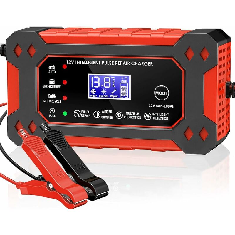foto del prodotto caricabatterie da 6a per batterie per auto, caricabatterie da 12v caricabatteria per auto con schermo lcd protezione multipla per batteria per auto,