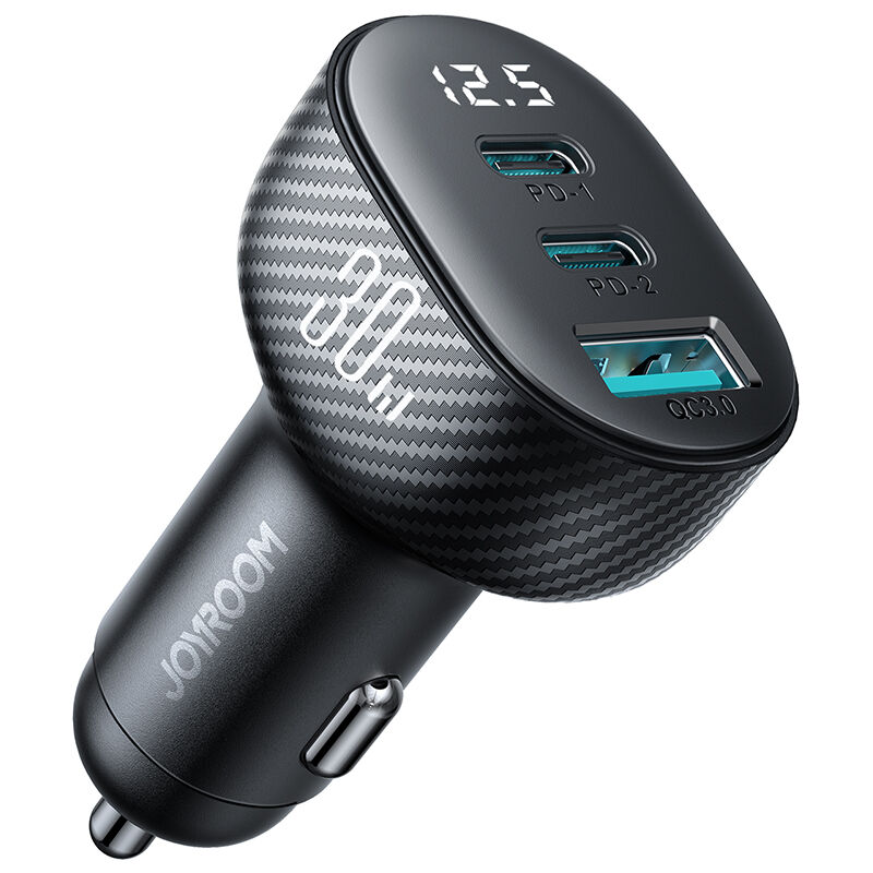 foto del prodotto caricabatterie da auto con display 2x usb c usb a 30w nero