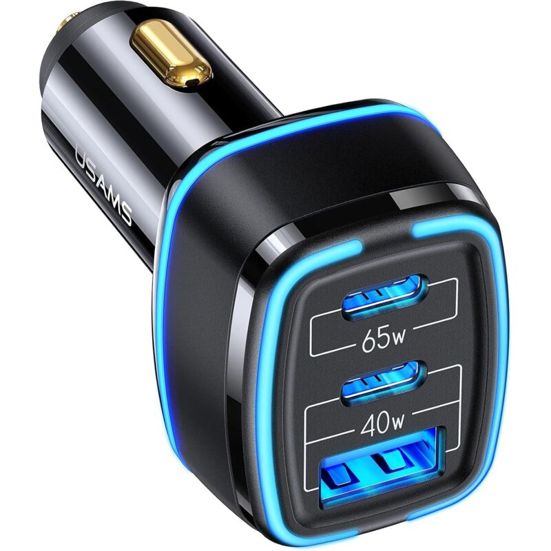 foto del prodotto caricabatterie da auto usb c da 105 w, caricabatteria da auto usb con pd 65 w 20 w doppie porte usb c e 20 w qc 3.0, caricabatteria da auto per