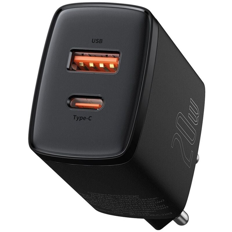 foto del prodotto caricabatterie da muro usb compatto e veloce usb c 20w 3a pd qc 3.0 nero
