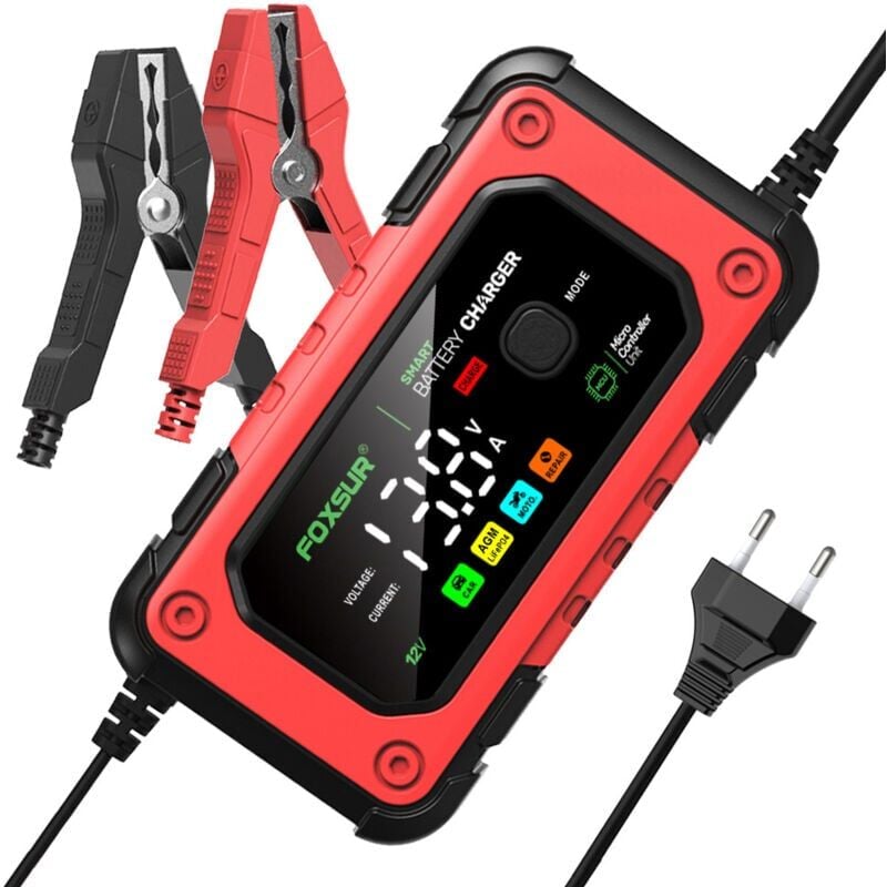 foto del prodotto caricabatterie e mantenitore intelligente per batterie da 12 v 24 v con protezioni multiple per riparazioni di auto, camion, agm, gel, umide e sla.