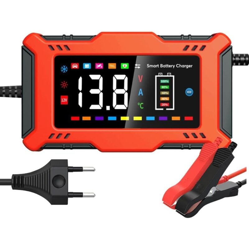 foto del prodotto caricabatterie intelligente, 6a 12v litio ferro fosfato, manutentore batteria al piombo e funzione di riparazione automatica della batteria portatile