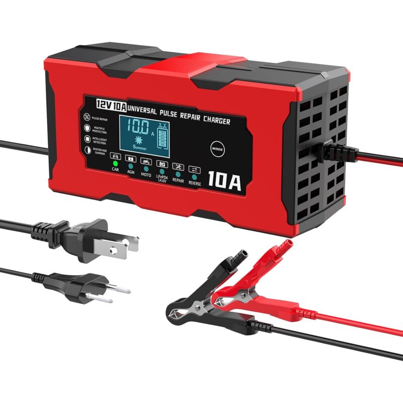 foto del prodotto caricabatterie intelligente da 10 a, caricabatteria per moto con protezione multipla lifepo4 da 12 v, caricabatteria automatico intelligente con