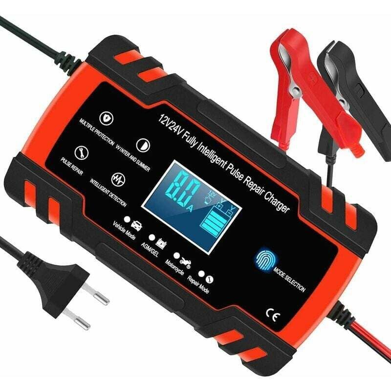 foto del prodotto caricabatterie intelligente da 8 a, 12 v 24 v per auto e moto. compatibile con batterie agm, gel, wet e sla. funzioni di ricarica e riparazione