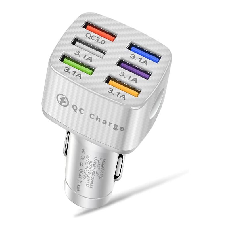 foto del prodotto caricabatterie per auto a 6 porte, ricarica rapida, caricabatteria per auto mobile, caricabatteria per accendisigari usb bianco 