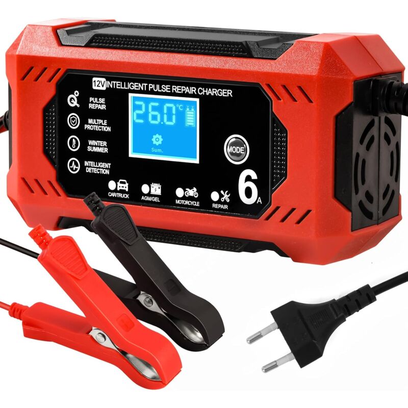 foto del prodotto caricabatterie per auto, caricabatteria intelligente 12v 6a caricabatterie per moto con display lcd caricabatterie per auto, auto, moto, camion, agm,