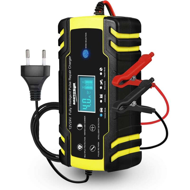foto del prodotto caricabatterie per auto, caricabatteria per auto 12v 8a, caricabatteria per auto 24v 4a, caricabatteria automatico intelligente con touch screen lcd