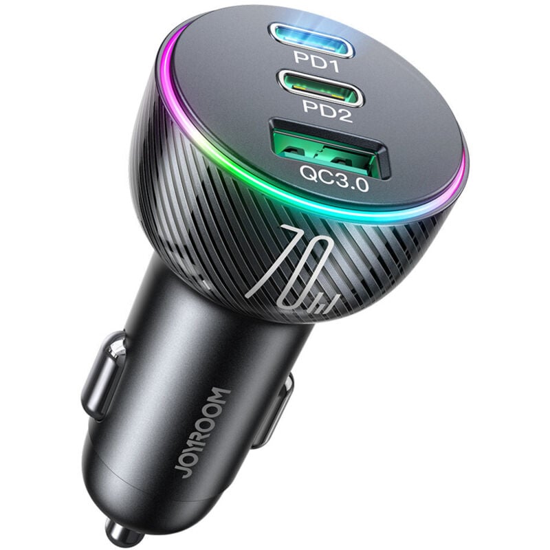 foto del prodotto caricabatterie per auto con presa accendisigari, 3 porte usb e 2 porte usb-c 70w - nero