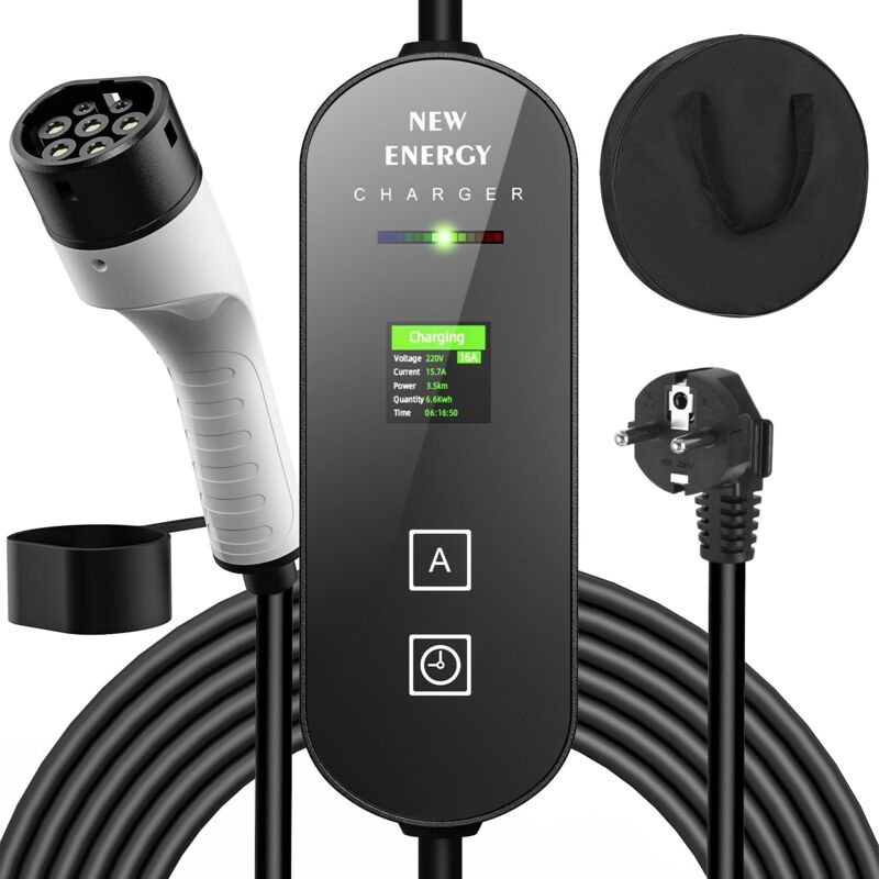 foto del prodotto caricabatterie per auto elettrica da 3,5 kw 5 m, 6 8 10 13 16 a cavo di ricarica di tipo 2 con display digitale controllabile compatibile con