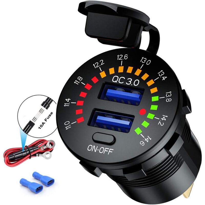 foto del prodotto caricabatterie per auto quick charge 3.0, presa di corrente doppia usb qc3.0 da 36 w impermeabile con voltmetro, interruttore e