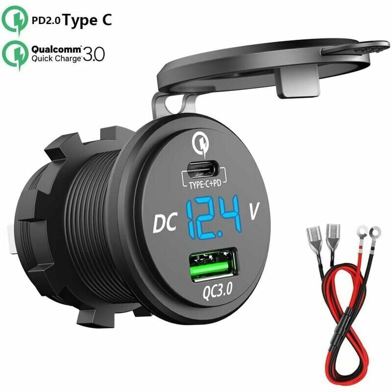 foto del prodotto caricabatterie per auto usb c 12v 24v qc 3.0 64w presa di ricarica doppia usb impermeabile con voltmetro a led per auto, moto, barca, roulotte