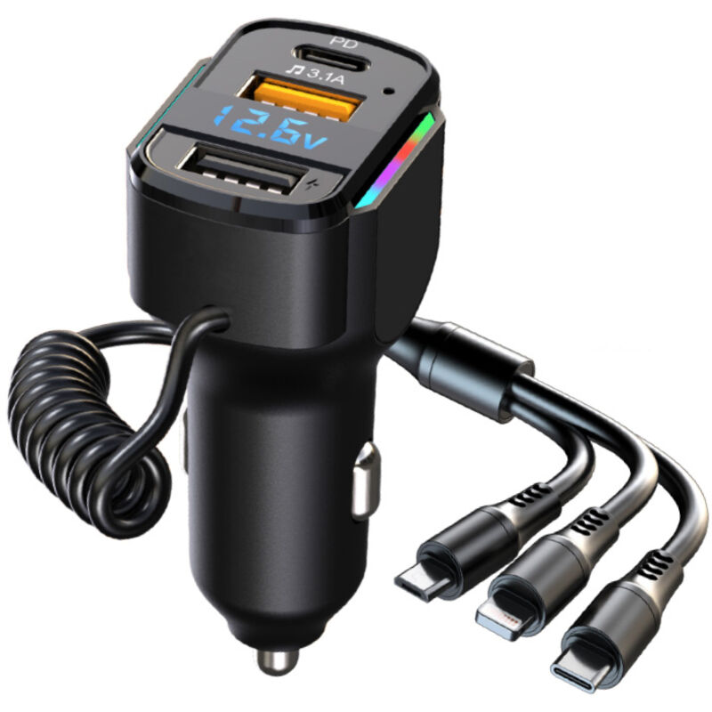 foto del prodotto caricabatterie per auto usb c, 5 porte pd3.0 e qc3.0 caricabatterie per auto super veloce presa usb c con cavo usb da 1,2 m, caricabatterie per auto