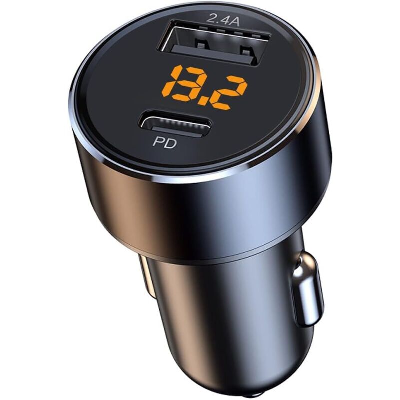 foto del prodotto caricabatterie per auto usb c da 30 w, adattatore mini usb da 2,4 a con display led di tensione, adattatore per caricabatteria per auto usb da 12 w e