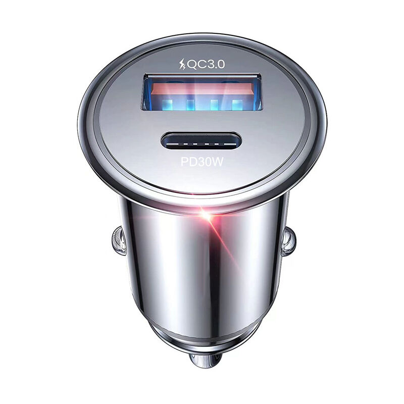 foto del prodotto caricabatterie per auto usb, caricabatteria per auto a ricarica rapida usb c pd 30 w, caricabatteria per auto usb a qc3.0 completamente in metallo