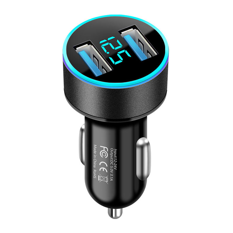 foto del prodotto caricabatterie per auto usb qc3.0, adattatore usb per caricabatteria per auto qc3.0 doppio completamente in metallo con voltmetro a led, protezione