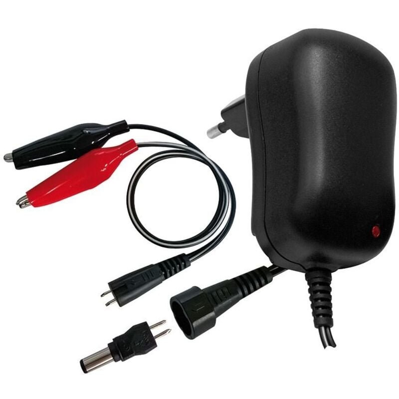 foto del prodotto caricabatterie per batterie al piombo ermetiche 12v 1a con spinotto 5,5x2,1mm e connettori a coccodrillo extracell