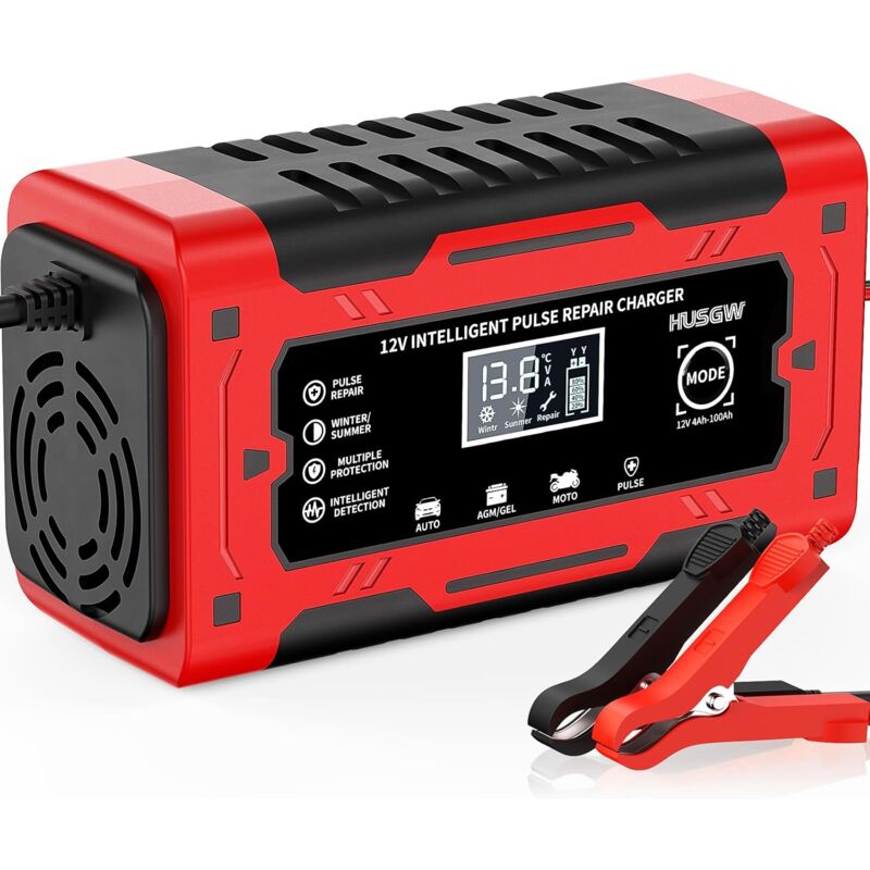foto del prodotto caricabatterie per moto 12v6a, caricabatteria per moto con funzione di riparazione automatica con display lcd, caricabatteria per moto per auto,