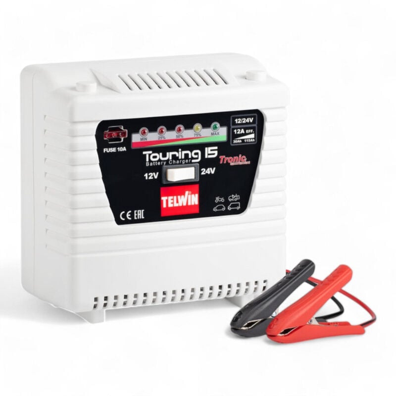 foto del prodotto caricabatterie portatile 12v 24v 9a per batterie al piombo con protezione sovraccarichi e inversione polarità led stato carica