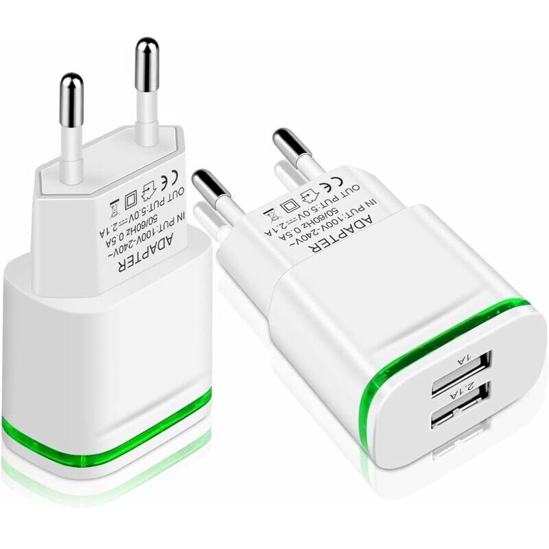 foto del prodotto caricabatterie presa a muro usb, confezione da 2 alimentatori sostitutivi universali a 2 porte led da 2,1 a 5 v per iphone 11 xr x xs max 8 7 6 6s