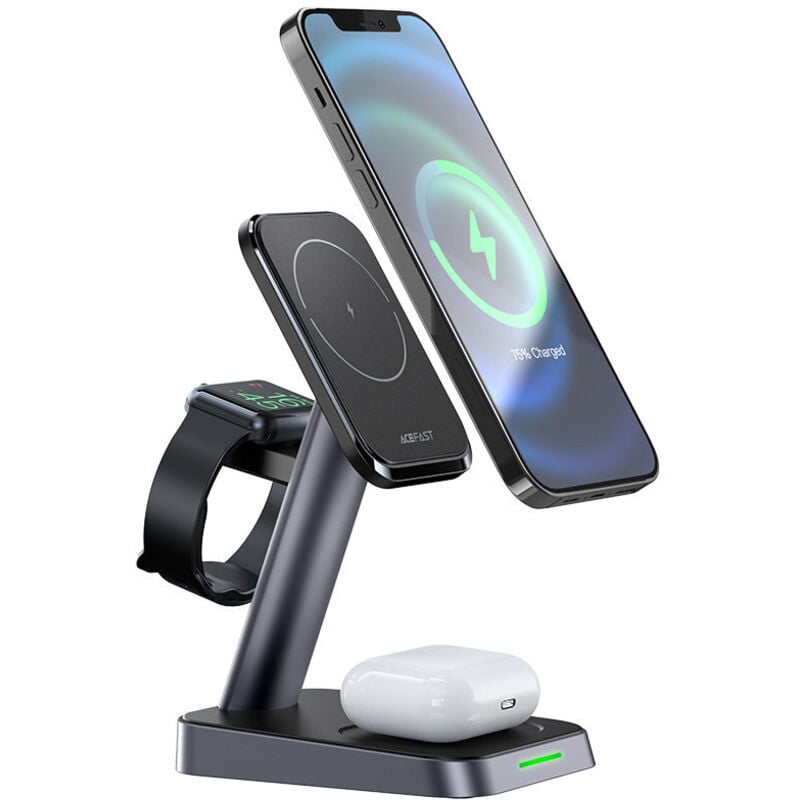 foto del prodotto caricabatterie qi 3 in 1 da 15 w con supporto magnetico per iphone, apple watch e airpods, nero