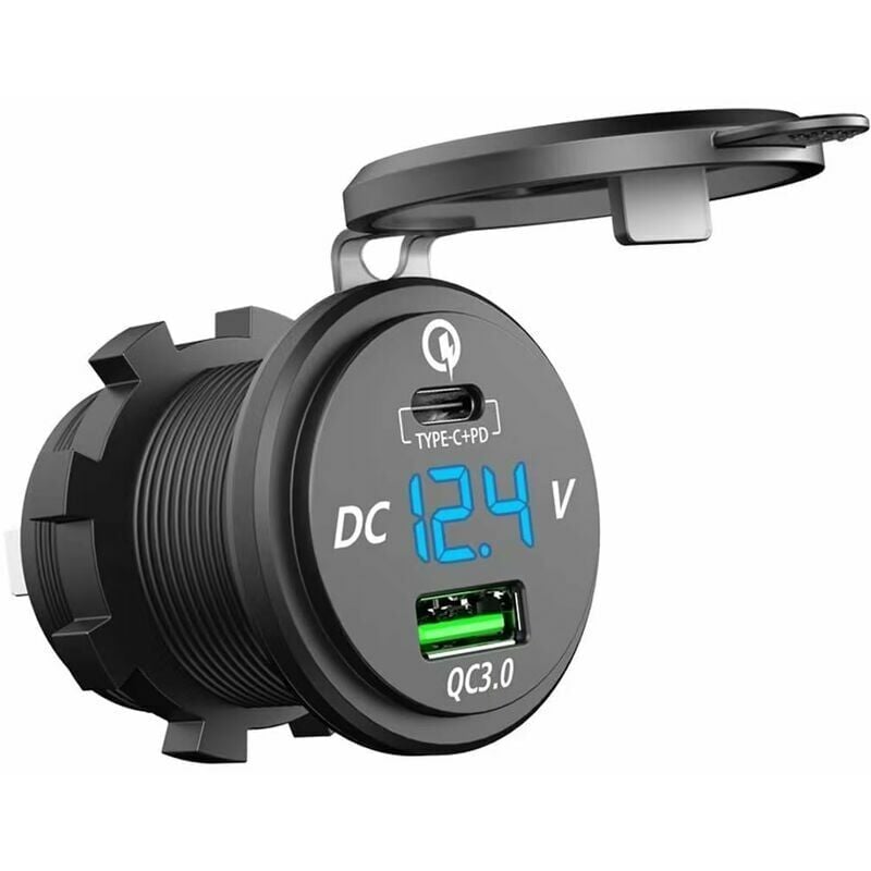foto del prodotto caricabatterie rapido per auto usb c 12v 24v qc 3.0 64w caricabatterie usb impermeabile a doppia presa con voltmetro a led per auto, moto, barca,