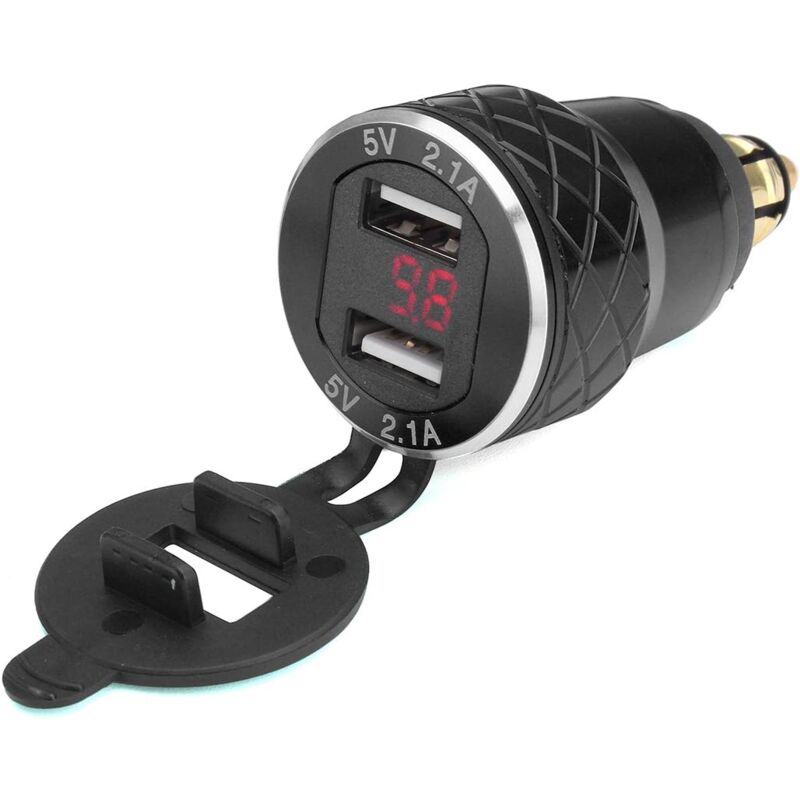 foto del prodotto caricabatterie usb doppio per moto con voltmetro rosso da 12 v 24 v e presa din per moto bmw nero