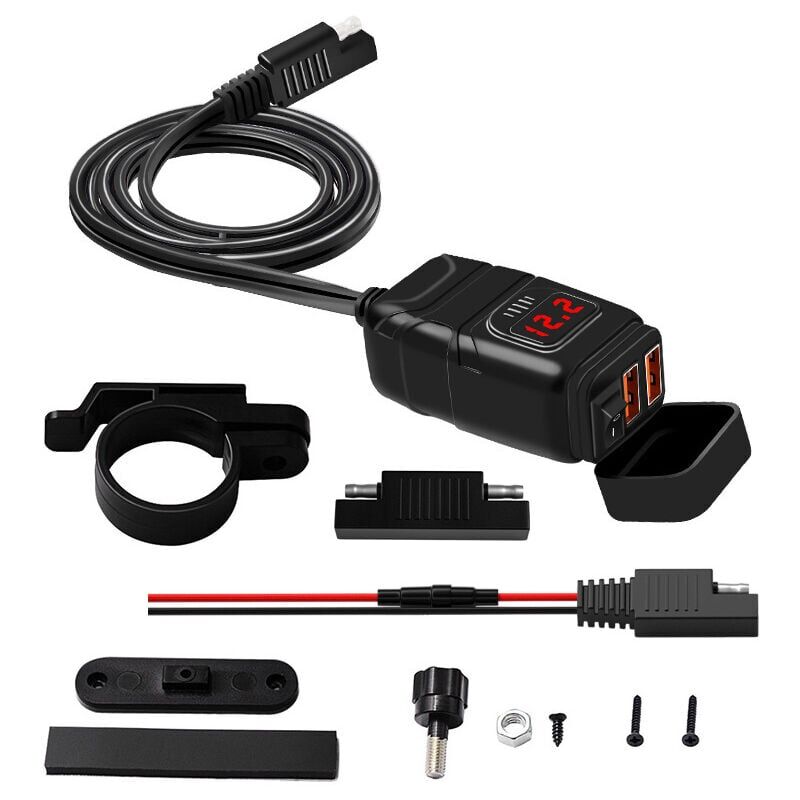 foto del prodotto caricabatterie usb impermeabile per moto, caricabatteria da auto doppio usb qc3.0, ricarica rapida con interruttore e voltmetro a led.