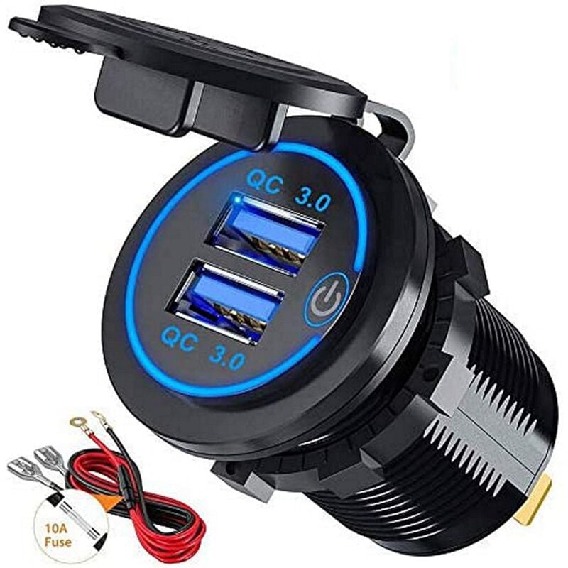 foto del prodotto caricabatterie usb per moto qc3.0, presa accendisigari usb a ricarica rapida 5v 4.2a per auto, barca, motocicletta, 12v 24v