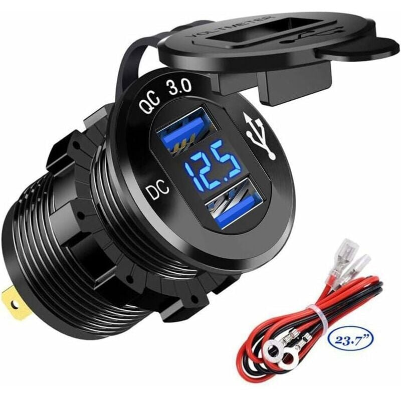 foto del prodotto caricabatterie usb rapido per auto con due porte usb qc3.0, 12v 24v 36w impermeabile con voltmetro digitale a led per moto, camion, barca e altro